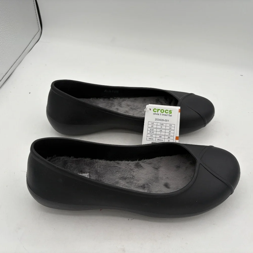NWT Crocs Olivia II Ballet Flats Women's Size 9 Black Faux Fur Lined
